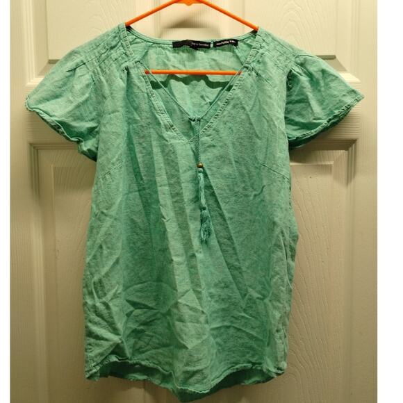 Harve Benard Women's Size Medium Green Boho Tassel Top Washable Linen Blend - Picture 1 of 6
